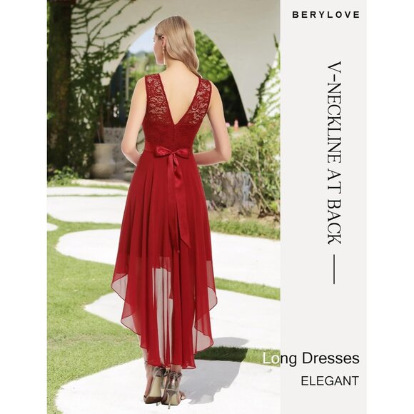 BeryLove Women Red Chiffon Scoop Neck Sleeveless Lace Cocktail Dresses - Picture 3 of 7